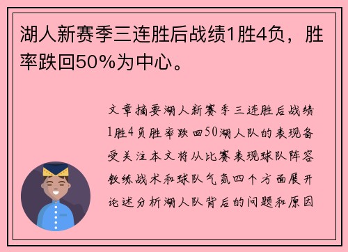 湖人新赛季三连胜后战绩1胜4负，胜率跌回50%为中心。